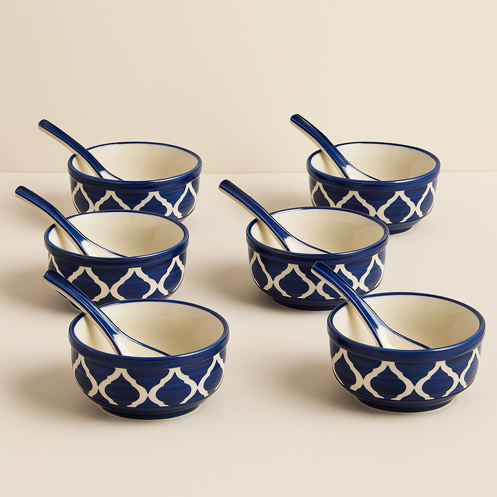 Premium Ceramic Soup Bowl Set with Spoons | Set of 6 Blue & White Stoneware Bowls | Handcrafted Patterned Serveware | Microwave & Dishwasher Safe