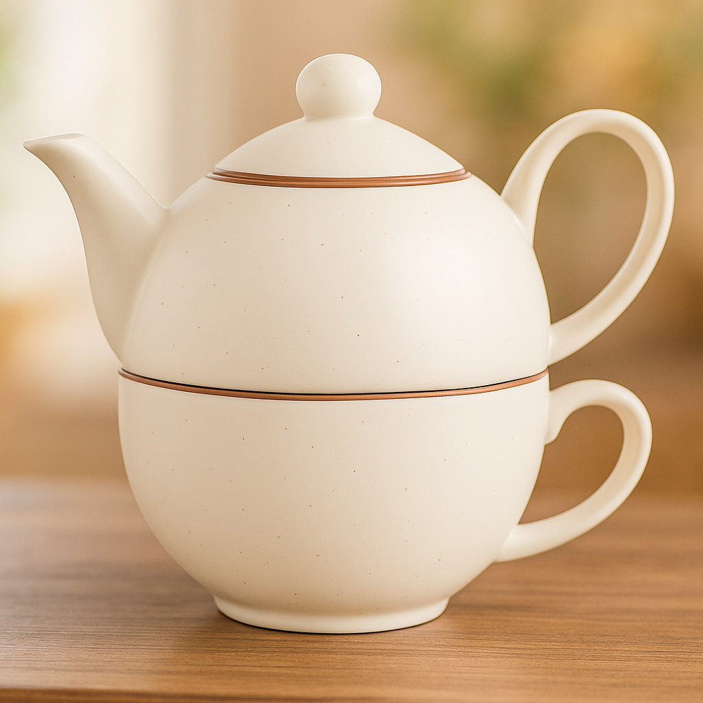 Premium Ceramic Stackable Teapot with Cup Set | Speckled Matte Beige with Brown Rim | Handcrafted Stoneware | Microwave & Dishwasher Safe