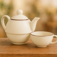 Premium Ceramic Stackable Teapot with Cup Set | Speckled Matte Beige with Brown Rim | Handcrafted Stoneware | Microwave & Dishwasher Safe