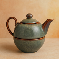 Premium Stackable Ceramic Teapot with Cup Set | Handcrafted Stoneware Tea Pot & Cup | Dual Tone Green Brown | Microwave & Dishwasher Safe | Elegant Tea Serving Set