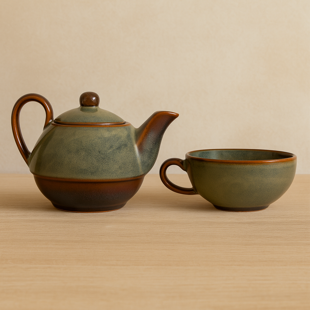 Premium Stackable Ceramic Teapot with Cup Set | Handcrafted Stoneware Tea Pot & Cup | Dual Tone Green Brown | Microwave & Dishwasher Safe | Elegant Tea Serving Set