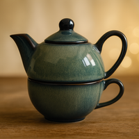 Premium Ceramic Stackable Teapot with Cup Set | Handcrafted Dual-Tone Green Stoneware | Space-Saving Design | Microwave & Dishwasher Safe