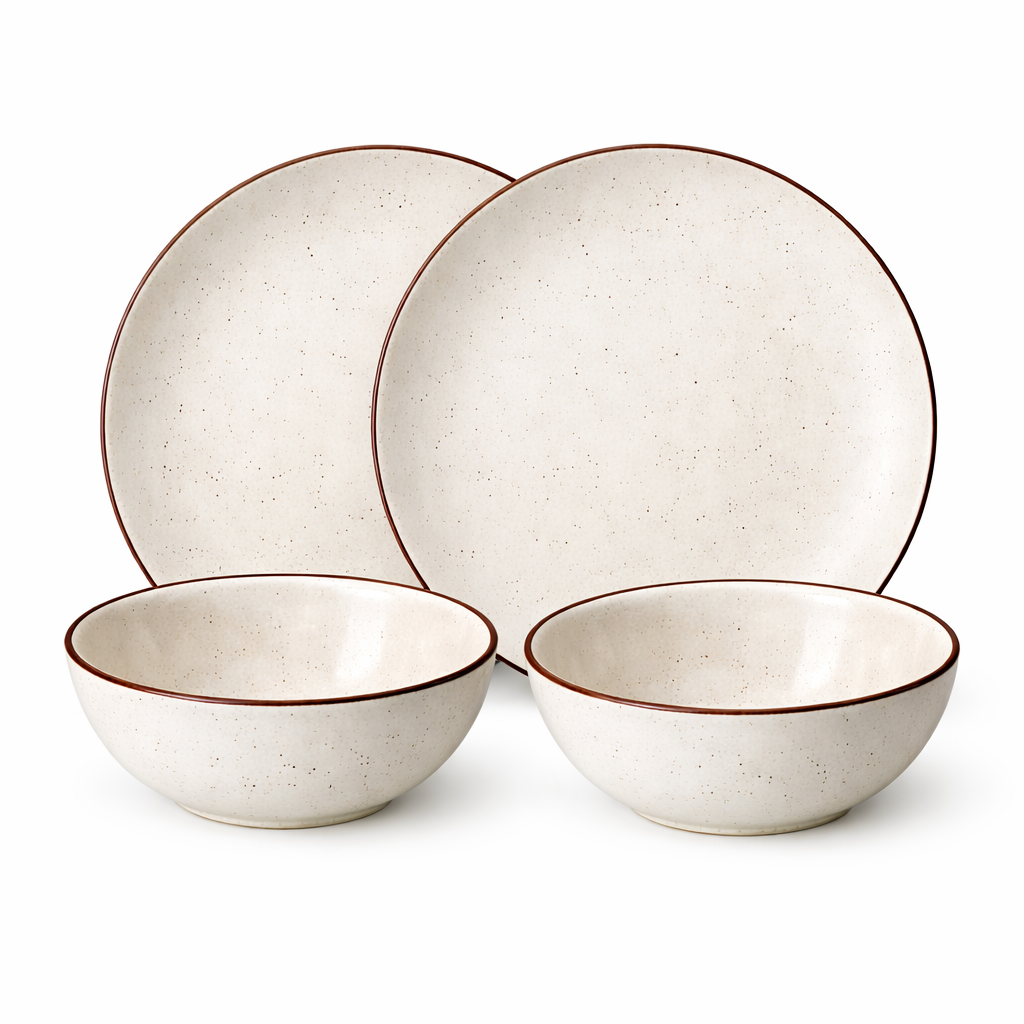 Premium Ceramic Dinner Set | Speckled Matte Beige Stoneware Plates & Bowls | Handcrafted with Brown Rim | Microwave & Dishwasher Safe