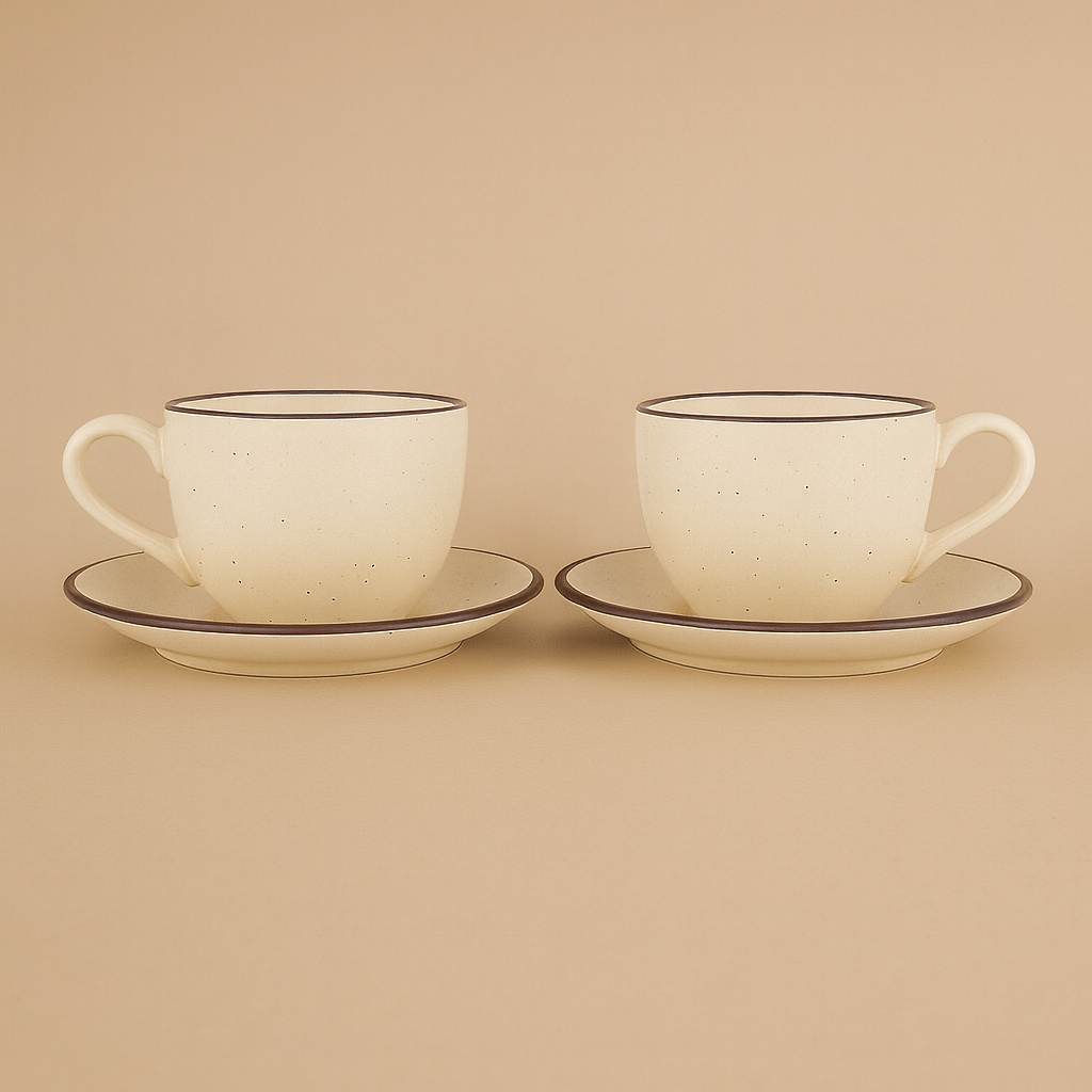Premium Ceramic Cup & Saucer Set | Set of 2| Speckled Beige with Brown Rim | Handmade Stoneware Tea & Coffee Cup