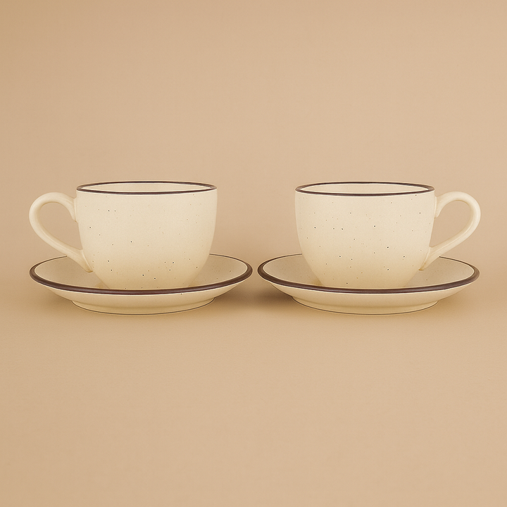 Premium Ceramic Cup & Saucer Set | Set of 2| Speckled Beige with Brown Rim | Handmade Stoneware Tea & Coffee Cup