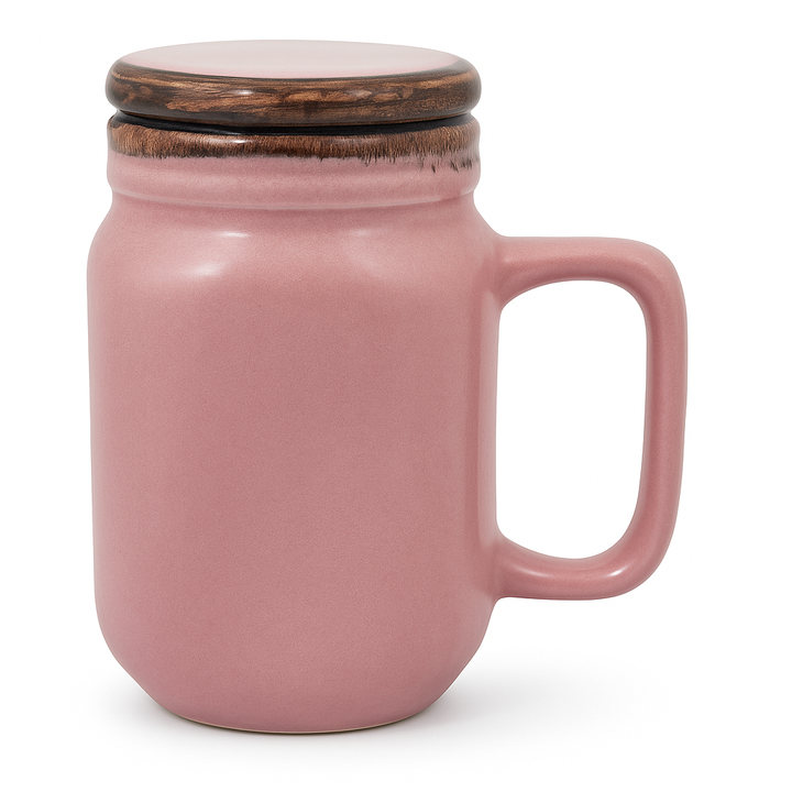 Premium Ceramic Mug with Lid | 350ml Matte Pink Stoneware Cup | Ceramic Lid for Heat Retention | Microwave &amp; Dishwasher Safe