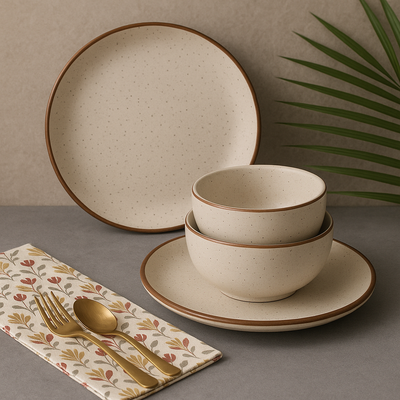 Premium Ceramic Dinner Set | Speckled Matte Beige Stoneware Plates & Bowls | Handcrafted with Brown Rim | Microwave & Dishwasher Safe
