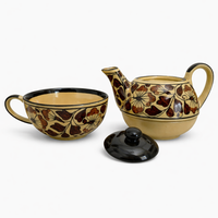 Beige Handpainted Floral Ceramic Tea Pot with Cup Set | Tea for One Teapot & Cup Combo