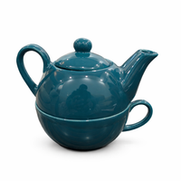 Teal Ceramic Teapot with Cup Set | Stackable Tea Pot & Cup Duo