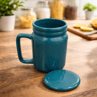 Teal Ceramic Mug with Lid | Gloss Finish Stoneware Coffee & Tea Mug