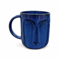 Blue Stone Face Ceramic Coffee Mug | Sculpted Stoneware Mug with Handle | Set of 1