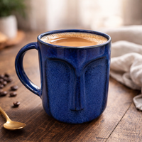Blue Stone Face Ceramic Coffee Mug | Sculpted Stoneware Mug with Handle | Set of 1