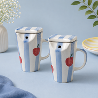 Athena Home Ceramic Travel Mug Set of 2 with Lid & Stainless Steel Straw | Apple Print | 450 ml