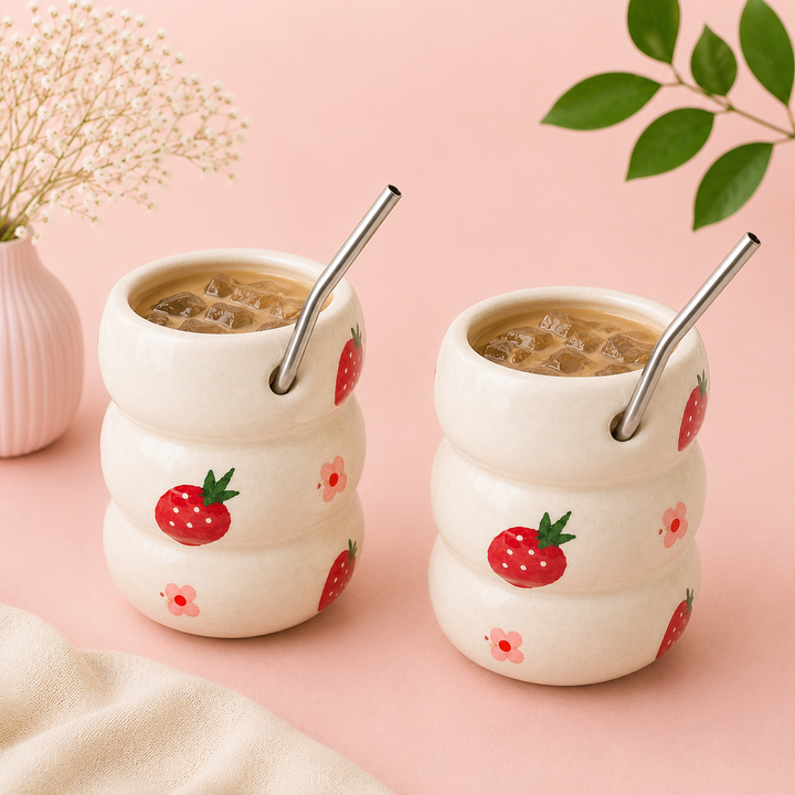 Athena Home Ceramic Coffee Mug Set of 2 | Hand-Painted Strawberry Design