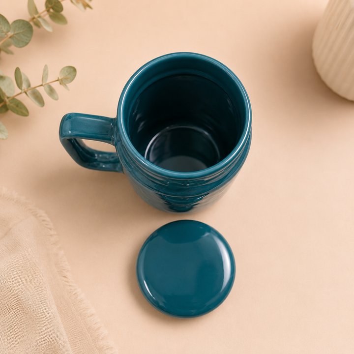 Teal Ceramic Mug with Lid | Gloss Finish Stoneware Coffee & Tea Mug