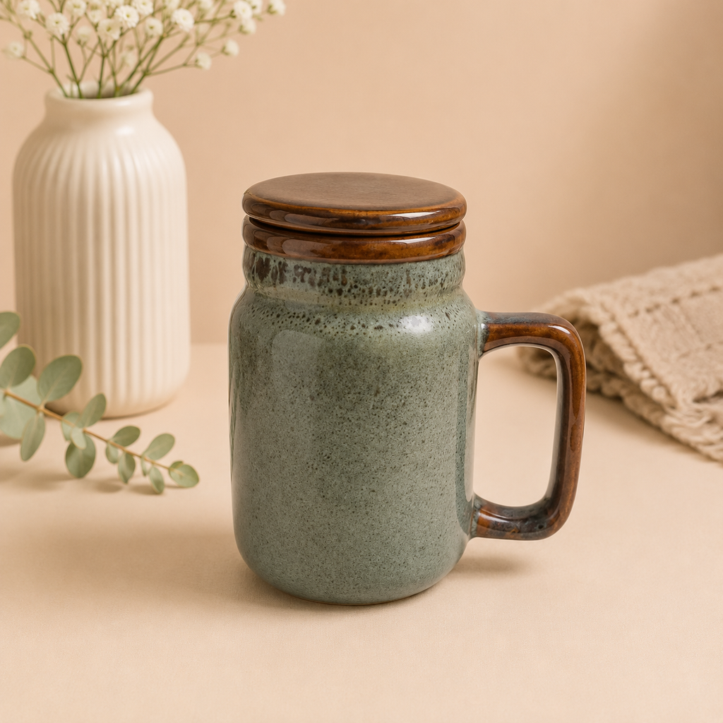 Mason Jar | Blue Stone Ceramic Mug with Lid | 420ml