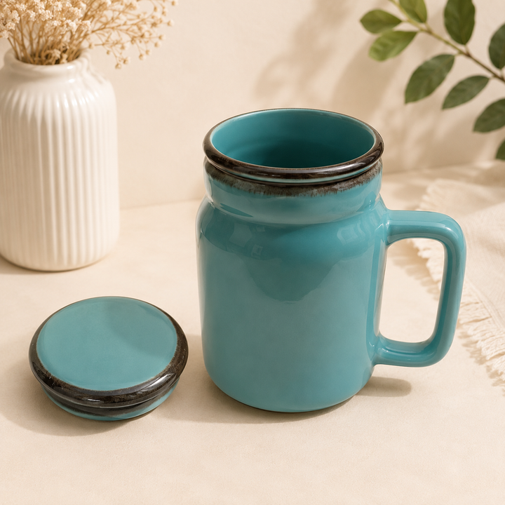 Mason Jar | Turquoise Ceramic Mug with Lid | 420ml