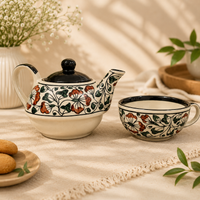 Athena Home Raksha Bandhan Gift Combo | Handpainted Floral Ceramic Teapot with Cup Set, 2 Designer Rakhis | Premium Tea Gift Hamper
