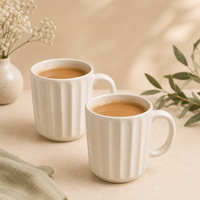 Athena Home Ribbed White Ceramic Coffee Mug Set of 2 | 300 ml