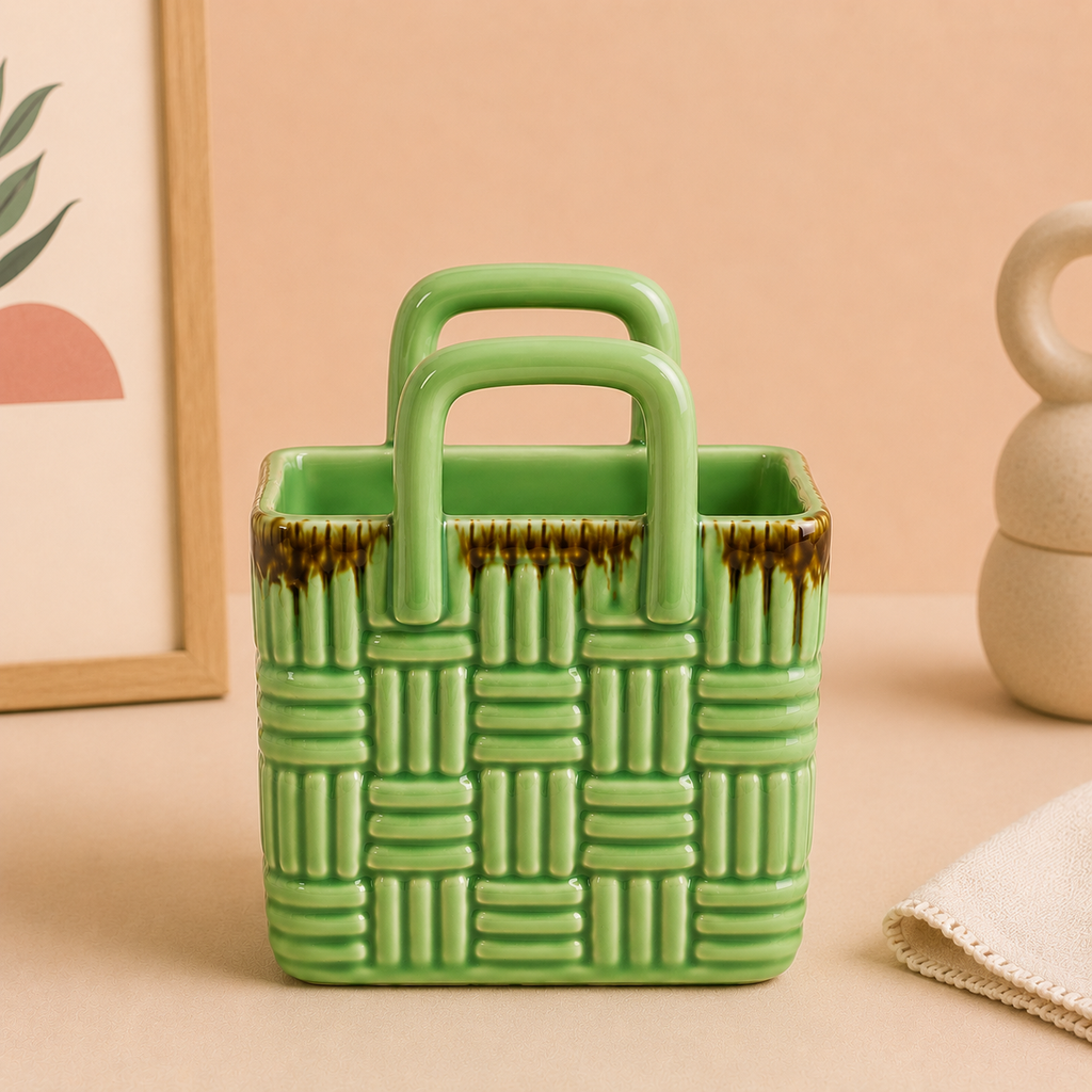 Athena Home Ceramic Storage Basket | Decorative Organizer with Handles | Multipurpose Tabletop Basket