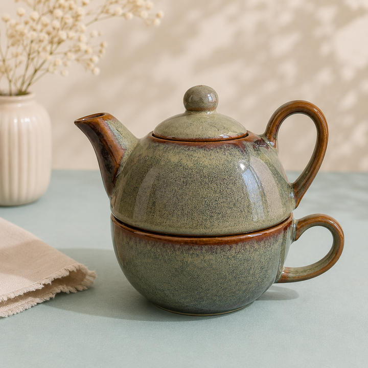 Premium Stackable Ceramic Teapot with Cup Set | Handcrafted Stoneware Tea Pot & Cup | Microwave & Dishwasher Safe