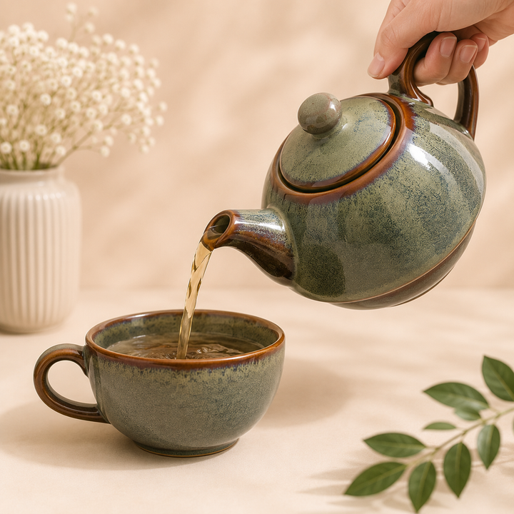 Premium Stackable Ceramic Teapot with Cup Set | Handcrafted Stoneware Tea Pot & Cup | Microwave & Dishwasher Safe