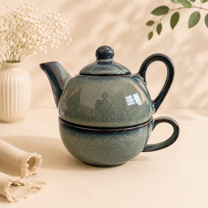 Premium Ceramic Stackable Teapot with Cup Set | Handcrafted Dual-Tone Green Stoneware | Space-Saving Design | Microwave & Dishwasher Safe
