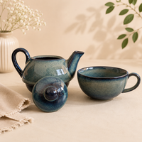 Premium Ceramic Stackable Teapot with Cup Set | Handcrafted Dual-Tone Green Stoneware | Space-Saving Design | Microwave & Dishwasher Safe