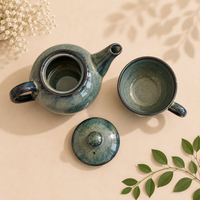 Premium Ceramic Stackable Teapot with Cup Set | Handcrafted Dual-Tone Green Stoneware | Space-Saving Design | Microwave & Dishwasher Safe