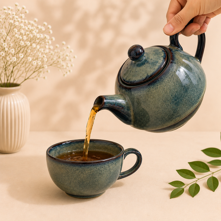 Premium Ceramic Stackable Teapot with Cup Set | Handcrafted Dual-Tone Green Stoneware | Space-Saving Design | Microwave & Dishwasher Safe