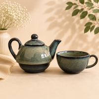 Premium Ceramic Stackable Teapot with Cup Set | Handcrafted Dual-Tone Green Stoneware | Space-Saving Design | Microwave & Dishwasher Safe
