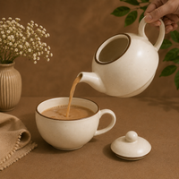 Premium Ceramic Stackable Teapot with Cup Set | Speckled Matte Beige with Brown Rim | Handcrafted Stoneware | Microwave & Dishwasher Safe
