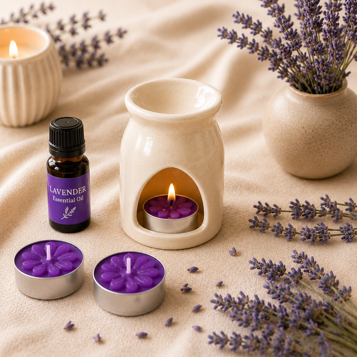 Lavender Fragrance Gift Set – Ceramic Aroma Diffuser with Essential Oil & Tealight Candles | Relaxation & Home Fragrance Gift Box