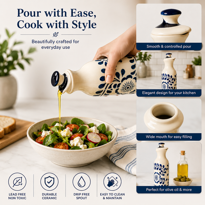 Ceramic Oil Dispenser Bottle 500 ml – Handcrafted Olive Oil Bottle with Lid