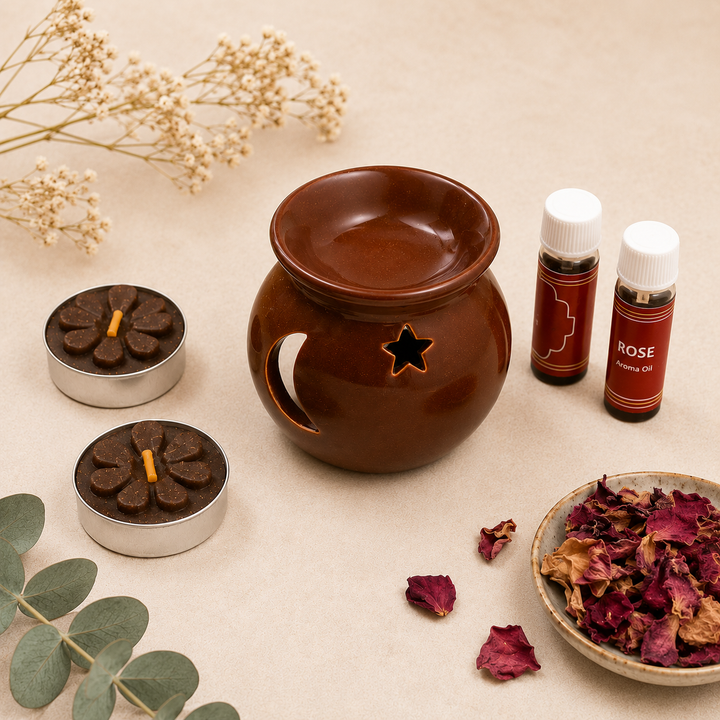 Rose Aroma Gift Set – Ceramic Oil Burner with Aroma Oils & Tealight Candles | Home Fragrance & Relaxation Gift Box