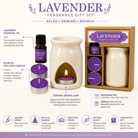 Lavender Fragrance Gift Set – Ceramic Aroma Diffuser with Essential Oil & Tealight Candles | Relaxation & Home Fragrance Gift Box