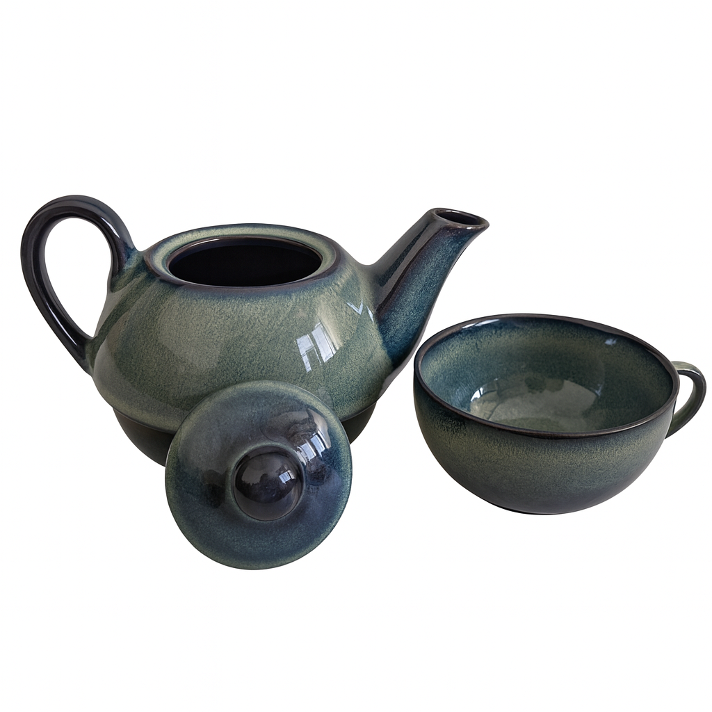 Premium Ceramic Stackable Teapot with Cup Set | Handcrafted Dual-Tone Green Stoneware | Space-Saving Design | Microwave & Dishwasher Safe