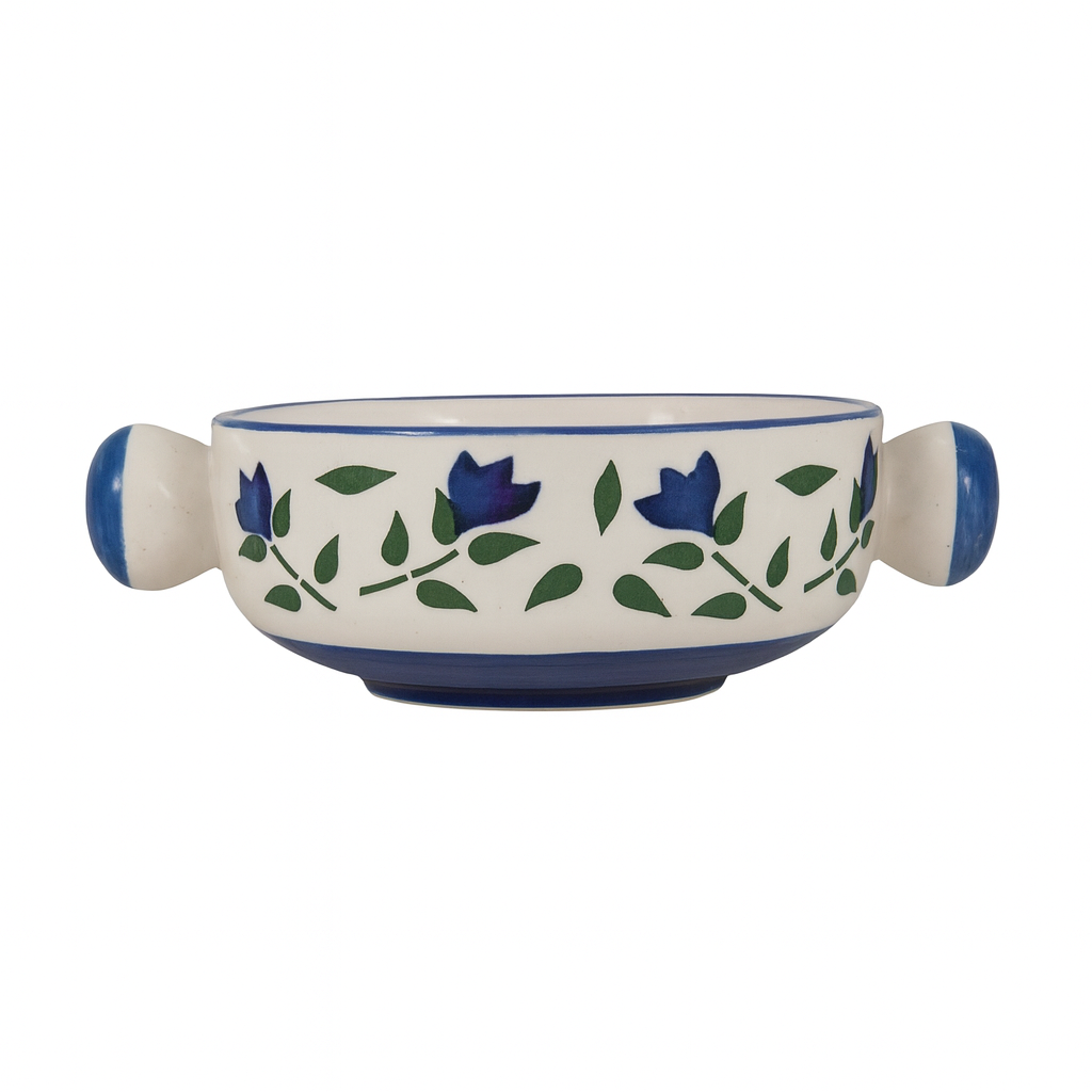 Handcrafted Ceramic Soup Bowl with Handles | Blue Floral Design | Premium Serveware | Microwave & Dishwasher Safe