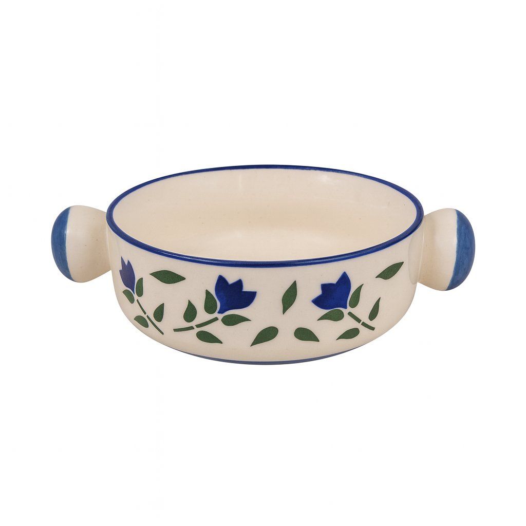 Handcrafted Ceramic Soup Bowl with Handles | Blue Floral Design | Premium Serveware | Microwave & Dishwasher Safe