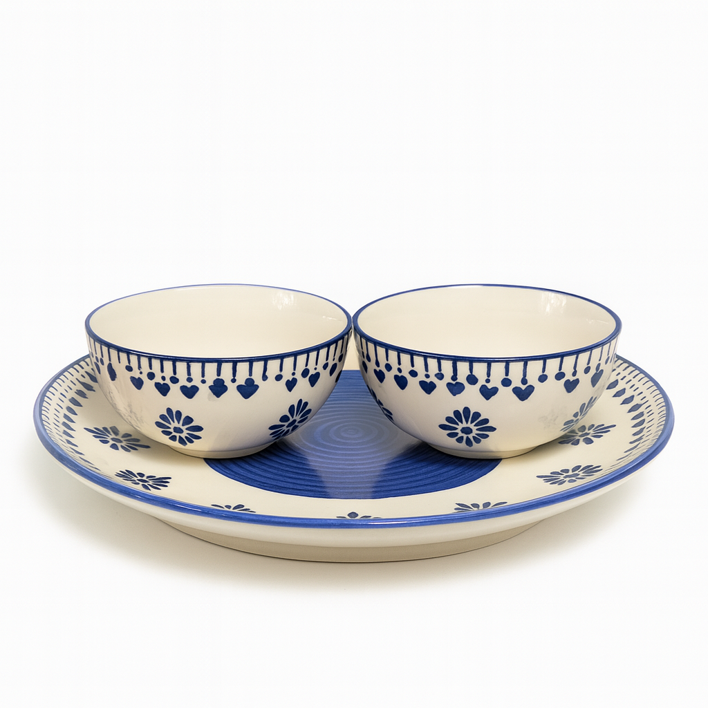 Blue Heart Ceramic Dinnerware Set | Handcrafted Dinner Plate with Matching Bowls | Premium Tableware Collection