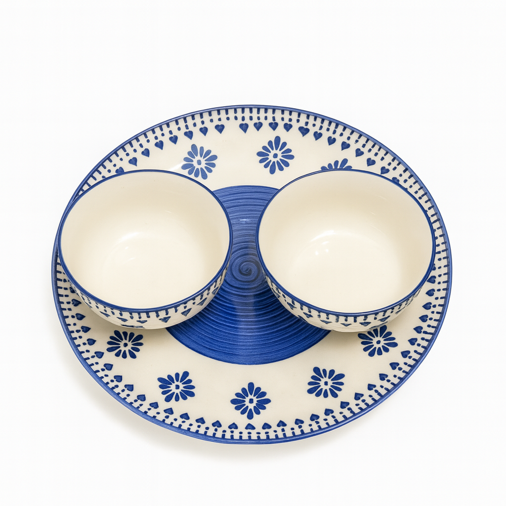 Blue Heart Ceramic Dinnerware Set | Handcrafted Dinner Plate with Matching Bowls | Premium Tableware Collection