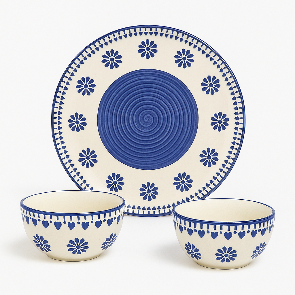 Blue Heart Ceramic Dinnerware Set | Handcrafted Dinner Plate with Matching Bowls | Premium Tableware Collection