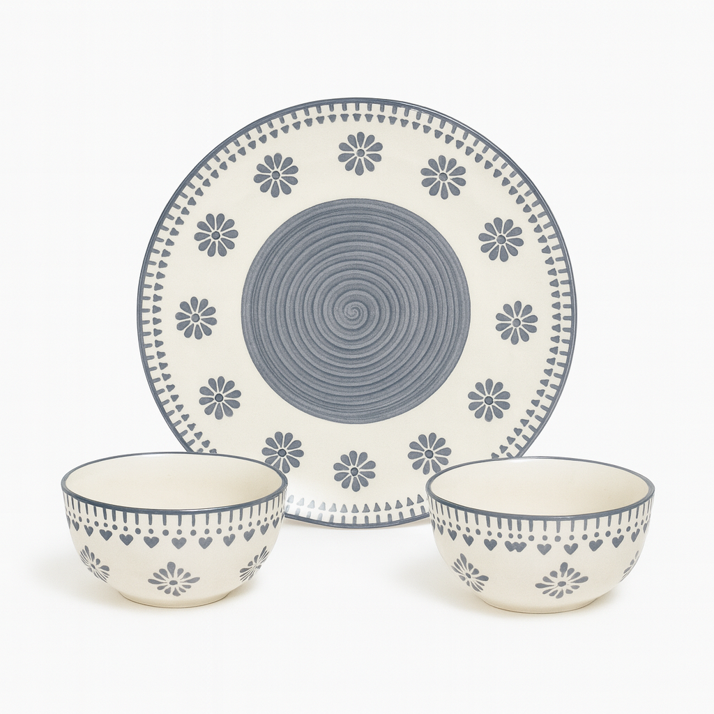 Grey Heart Ceramic Dinnerware Set | Handcrafted Dinner Plate with 2 Matching Bowls | Minimalist Premium Tableware