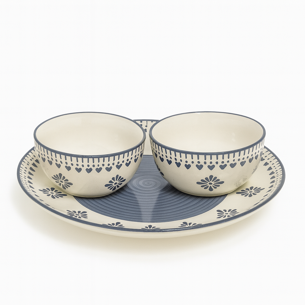 Grey Heart Ceramic Dinnerware Set | Handcrafted Dinner Plate with 2 Matching Bowls | Minimalist Premium Tableware