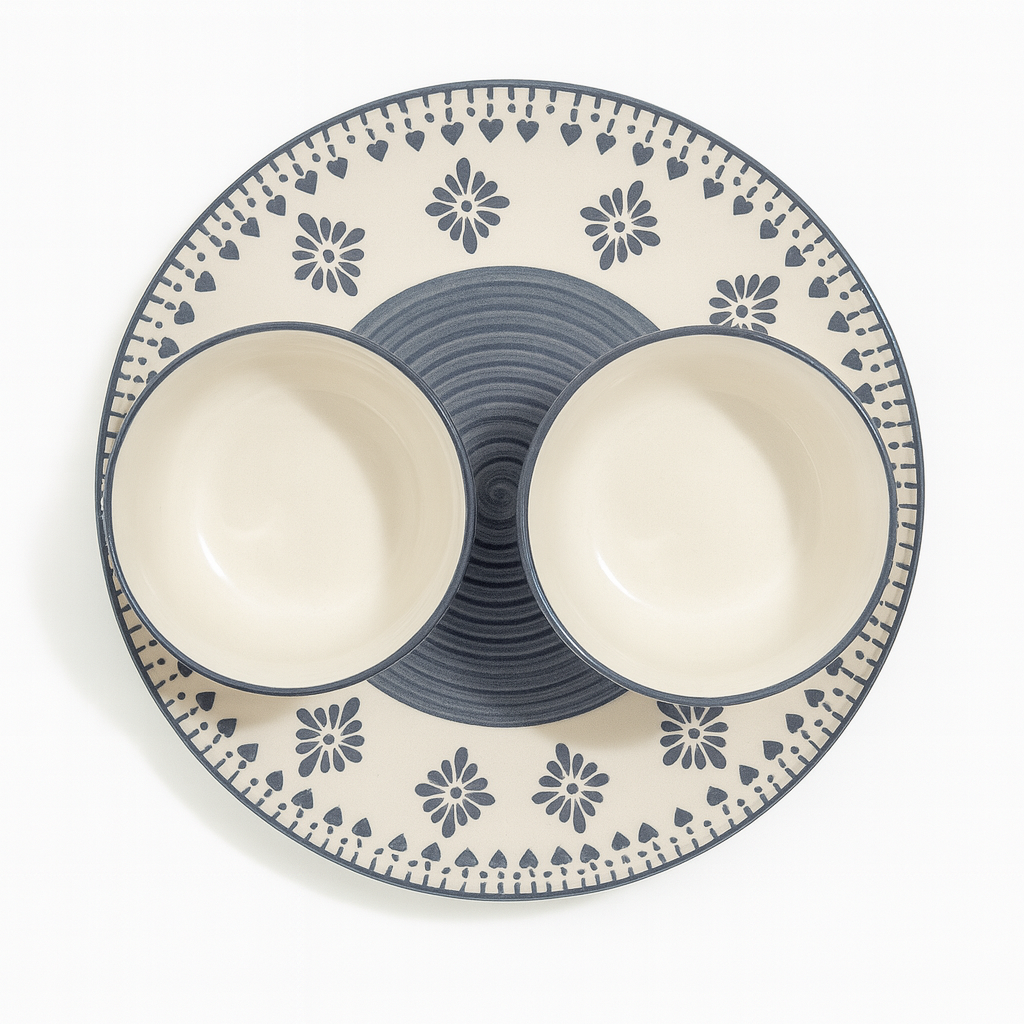 Grey Heart Ceramic Dinnerware Set | Handcrafted Dinner Plate with 2 Matching Bowls | Minimalist Premium Tableware