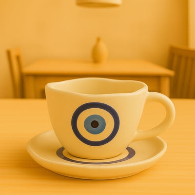 Handcrafted Evil Eye Ceramic Cup & Saucer Set | Cream & Blue Coffee & Tea Mug for Gifting