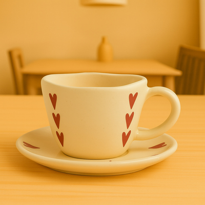 Handcrafted Heart Print Ceramic Cup & Saucer Set | Cream Coffee & Tea Mug for Gifting