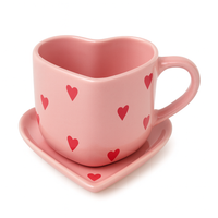 Athena Home Heart Shaped Pink Ceramic Coffee Mug with Saucer | Red Heart Print