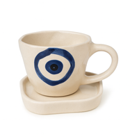 Handcrafted Evil Eye Ceramic Cup & Saucer Set | Cream & Blue Coffee & Tea Mug for Gifting