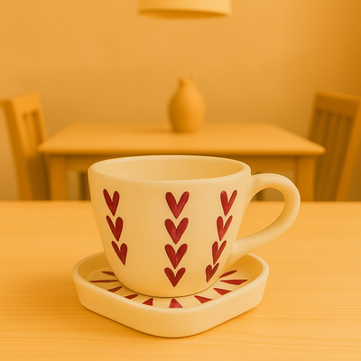 Handcrafted Heart Print Ceramic Cup & Saucer Set | Cream Coffee & Tea Mug for Gifting